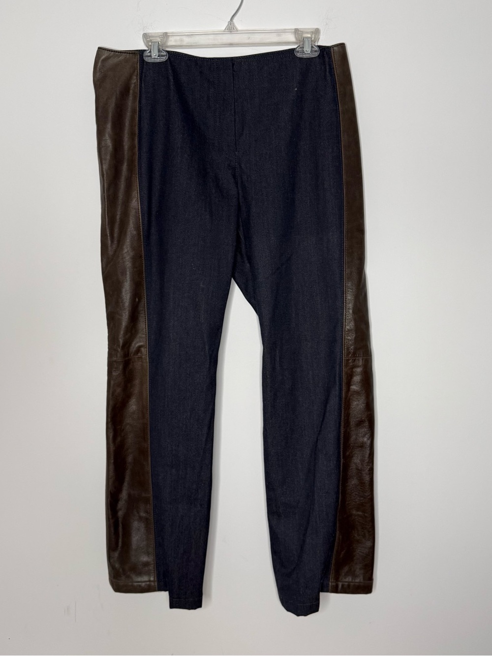 DKNY Pants Navy Blue Wool Blend/Brown Leather Straight Leg Size 14